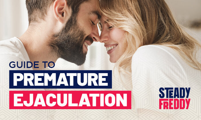 A smiling man and a woman, facing each other with their foreheads touching, are happy they found a solution for his premature ejaculation.