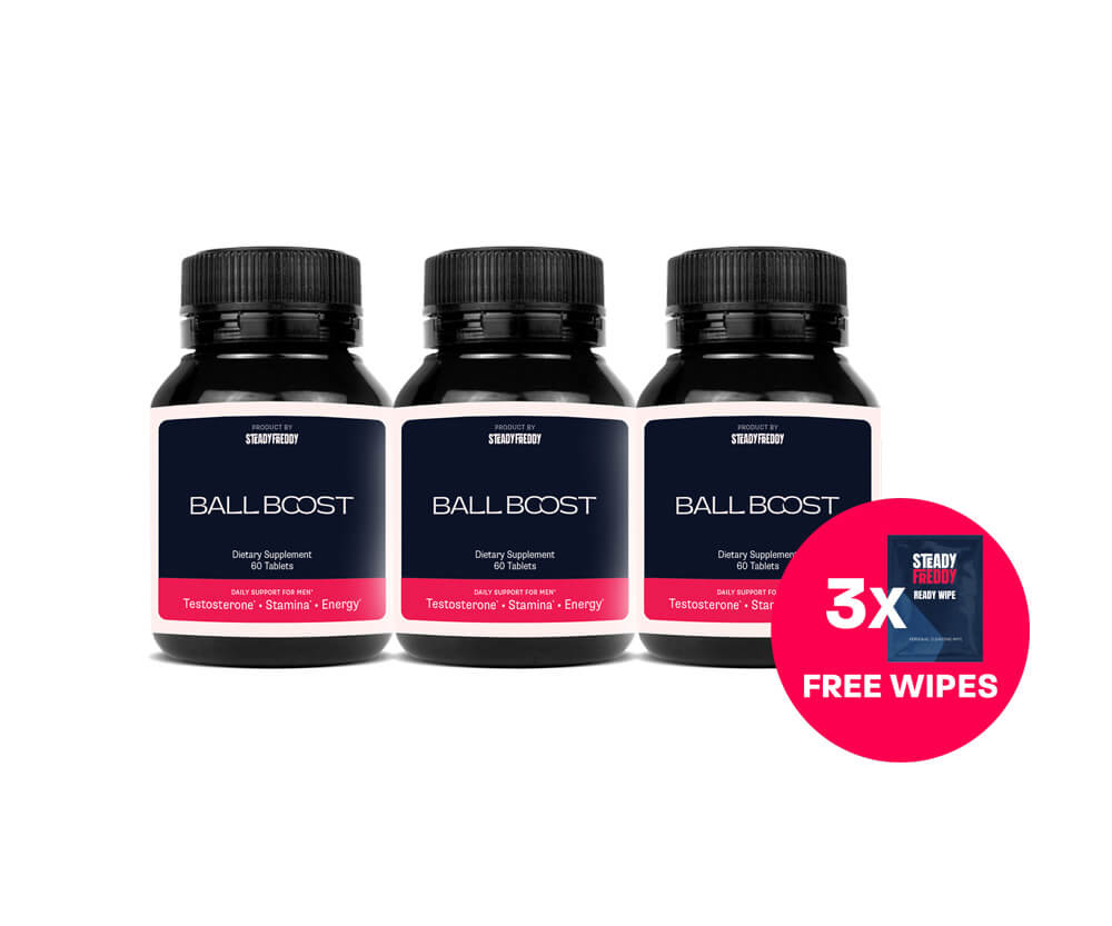 3 bottles of Ball Boost daily multivitamin supplement for men.