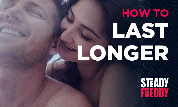 A man and a woman are smiling as she whispers tips on how to last longer in bed to his left ear.