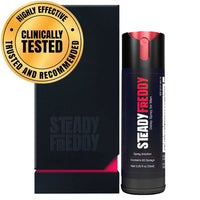 Steady Freddy Delay Spray with a product box and clinically tested quality batch.